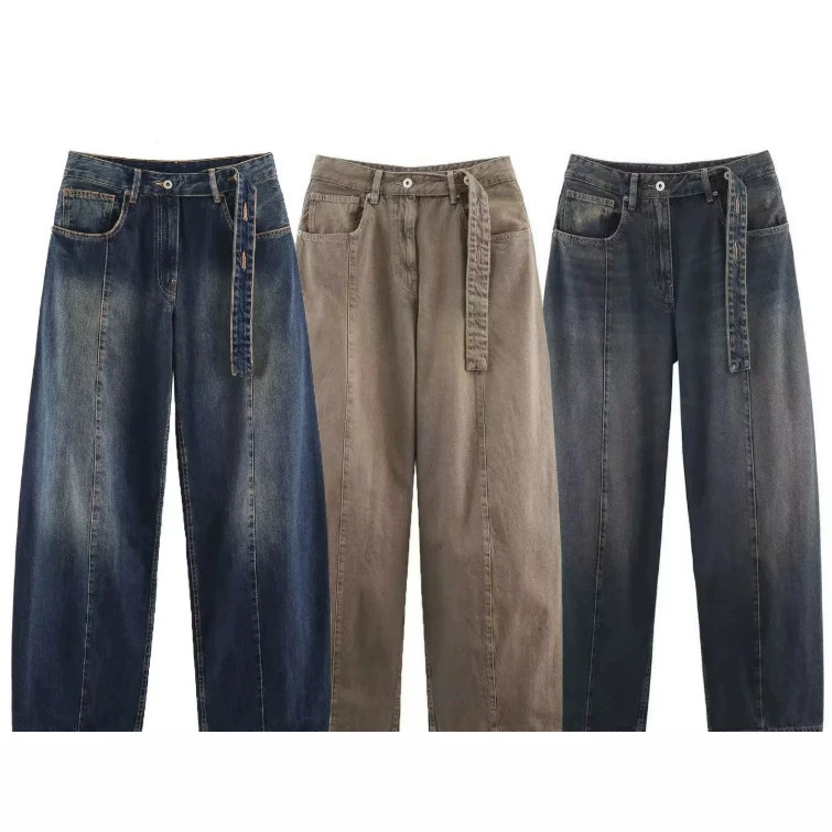 Cross-Border European and American Clothing Aliexpress Ins Popular Loose Barrel-Shaped Low-Waist Jeans