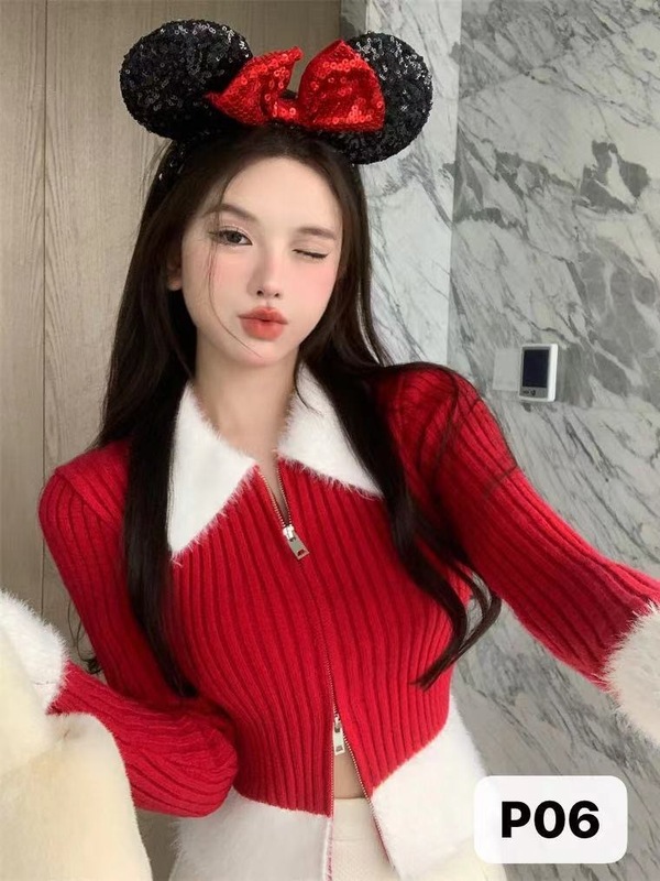 ピンクとブルーのステッチニットセーター、女性用、秋冬、純粋で甘くてスパイシーなデザイン、毛皮の襟、ジッパー付きカーディガン、ショートスタイル|undefined