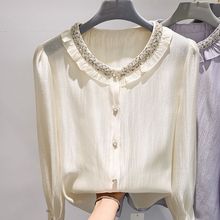 2025新款韩国气质圆领亮片钉珠边单排扣长袖雪纺衬衫女春季