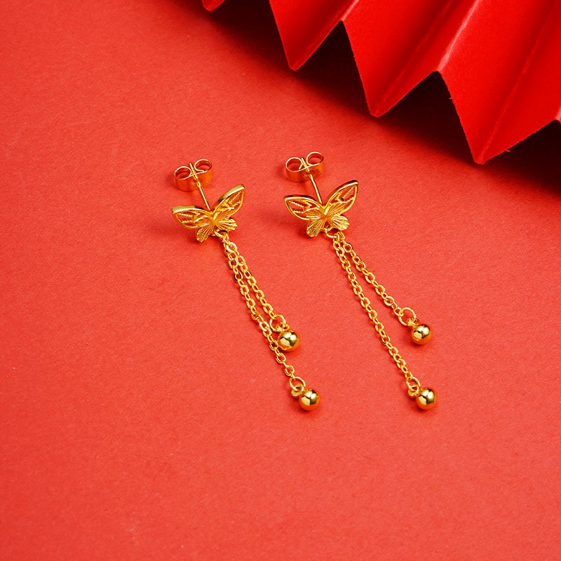 Pendientes de oro de arena de Vietnam, diseño retro, filigrana hueca, cuentas de mariposa, pendientes de borla, fabricante de joyas de moda nacional femenina