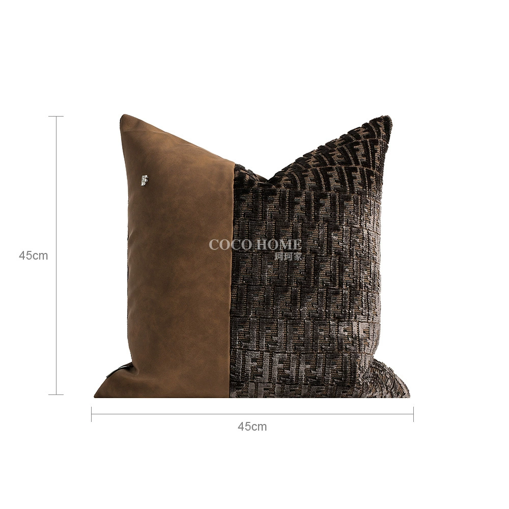French light luxury brown sofa pillow with pillow connected to villa living room embossed PU cushion waist pillow model room high-end