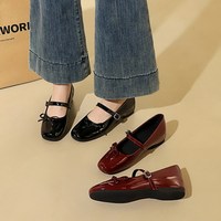 836-17 French style high-end lacquered leather one-piece buckle with raised middle heel and side bow, square toe single shoe for women
