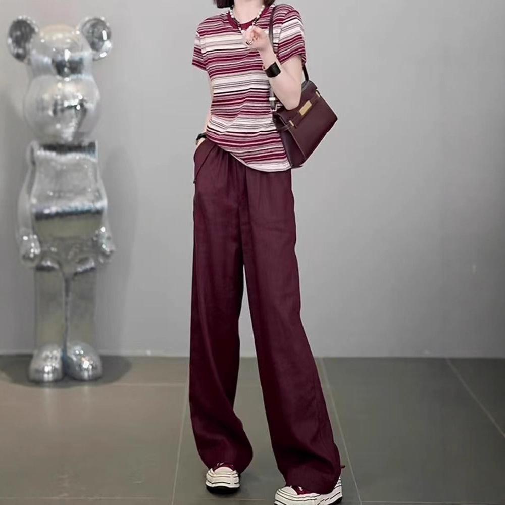 时尚套装高级气质减龄条纹上衣垂感阔腿裤新款夏季搭配一整套女装