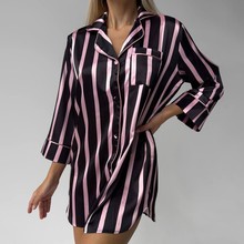 跨境欧美新款条纹v领长袖衬衫时尚宽松舒适睡衣真丝纽扣居家服女