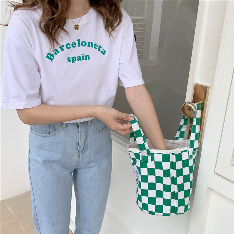 【 In Stock 】18181 checkerboard green checkered canvas bag, school-style commuter single-shoulder bag, retro hand-held tote bag undefined