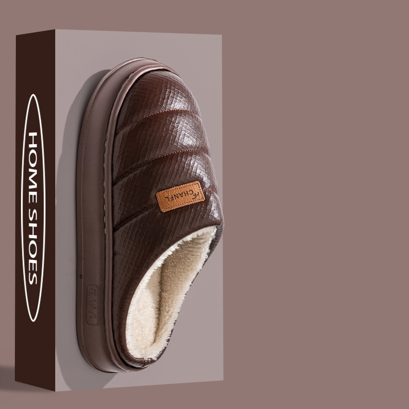 2025 nuevas zapatillas de algodón para hombres en invierno pu impermeable a prueba de desgaste fondo grueso antideslizante para el hogar interior mujeres a prueba de frío image 9