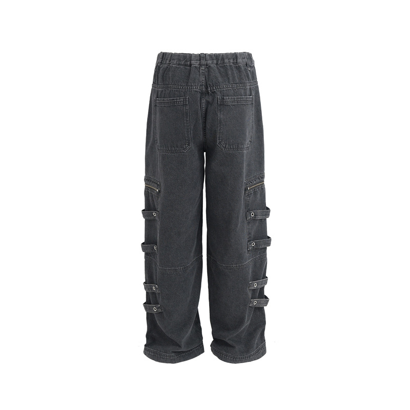 Men's Clothing Distressed Wash Tooling Jeans Men's and Women's New Fashion Brand Pocket Zipper Design Sense Side Strap Loose Straight Pants_viptrois.com