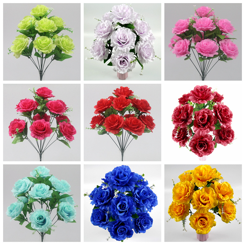 Ramo de rosas artificiales transfronterizo con 12 cabezas, flores artificiales azules encantadoras para decoración de bodas y decoración del hogar.
