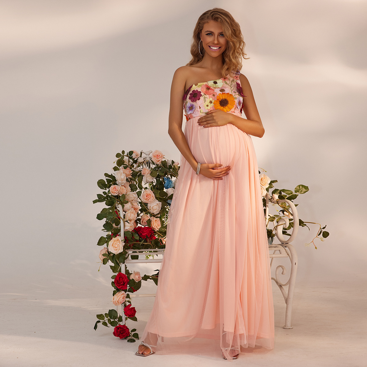 2026 Summer Women's Fashion New Sexy Flower Embroidery Single Shoulder Split Hem Maternity Evening Dress_ecoleips.com