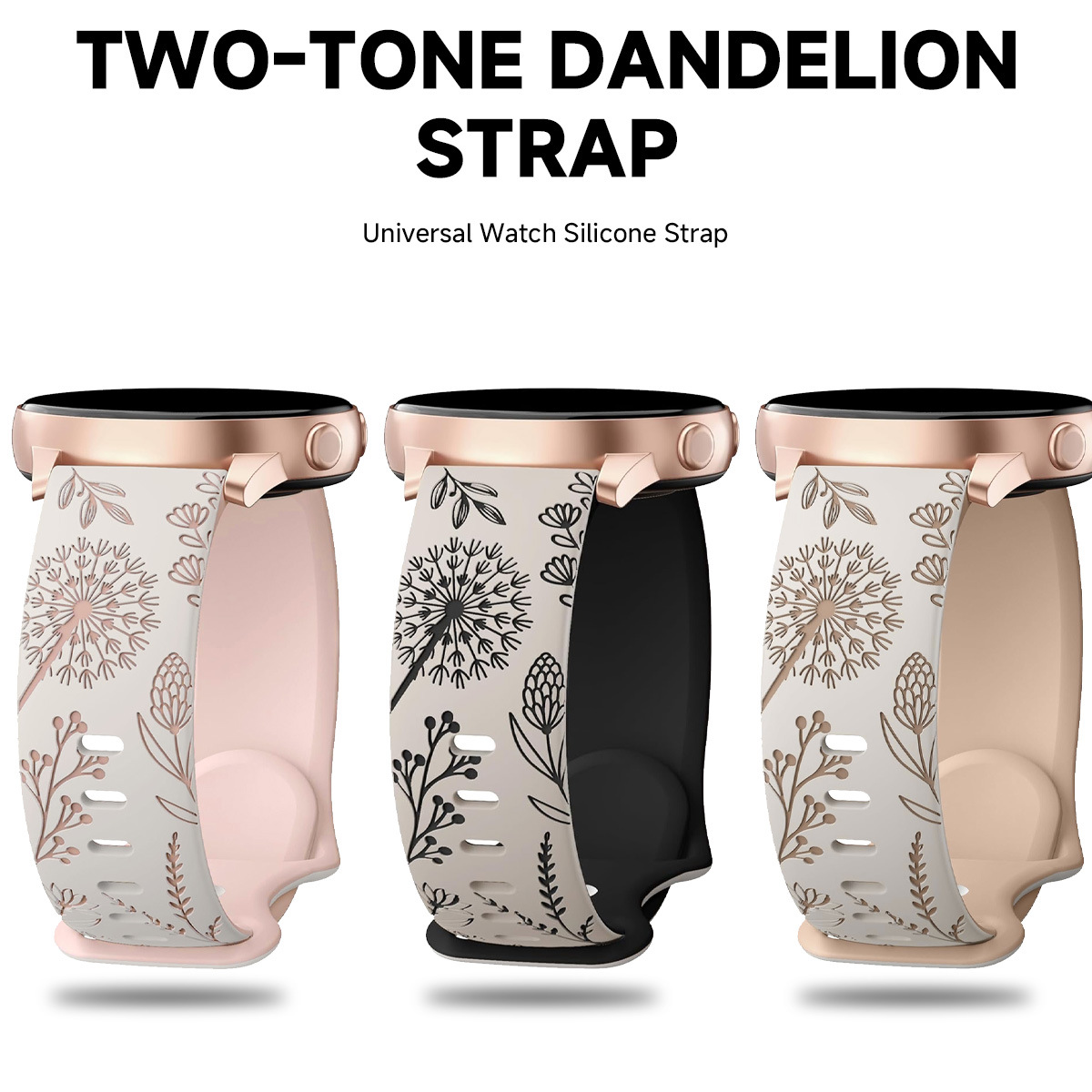 20mm Universal Strap for Samsung Huawei Laser Carved Dandelion Flower Pattern Eight Button Silicone Strap