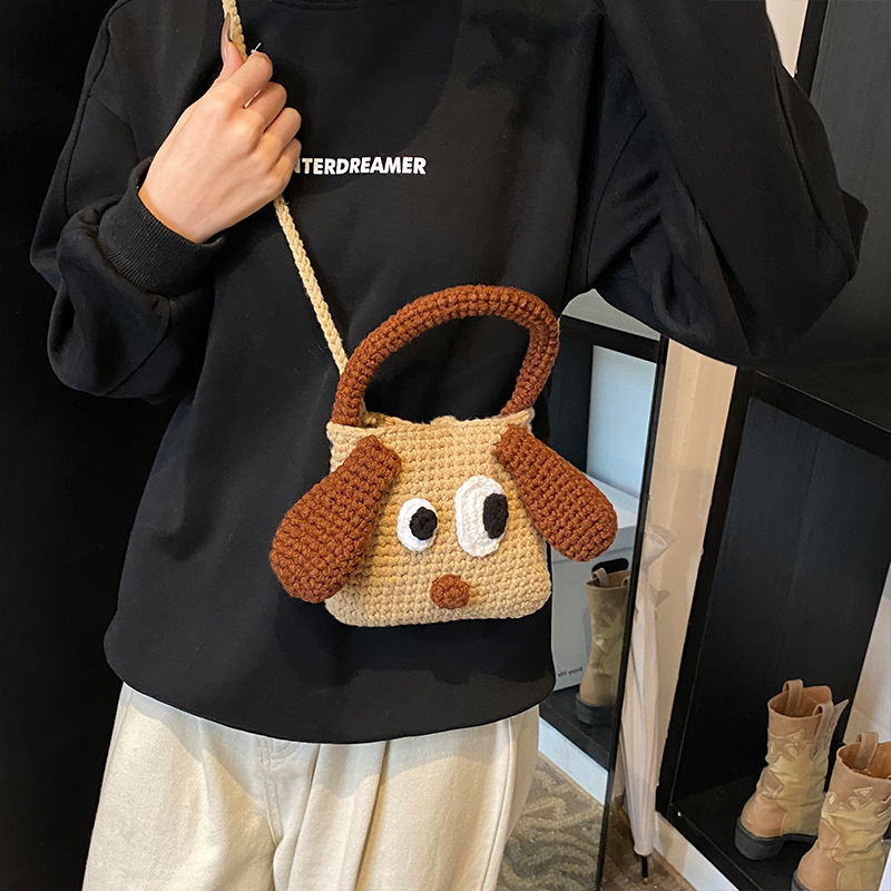 Cute Big Eyed Dog Handmade Crocheted Bag Finished New Hand-held Women's Bag Wool Bag All-match Satchel Bag Cross-border