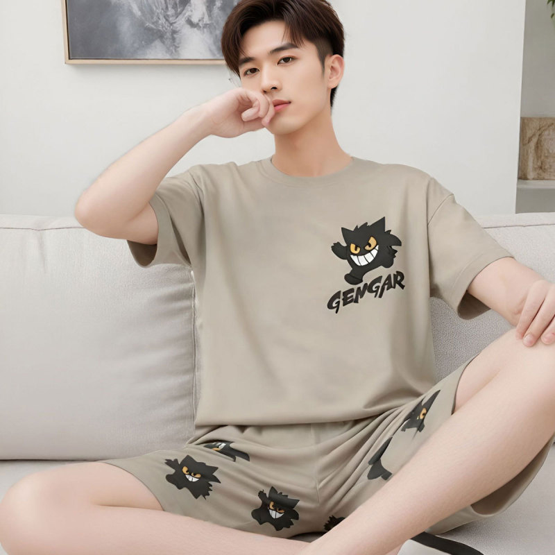 [Milk Silk] Short-Sleeved Shorts Men's Pajama Set Boys Cartoon Simple Casual Striped Home Wear Set