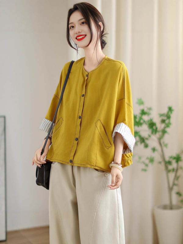 古咖服饰秋季纯色简约亚麻短外套女宽松遮肉短款显瘦纯色上衣|undefined