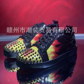 cl andgz男鞋黑色火焰鞋头钉低帮红底鞋女鞋真皮铆钉运动休闲板鞋