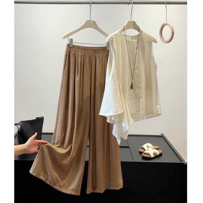 Irregular Sleeveless Vest Shirt and Wide-Leg Pants Set for Women, Summer Design, Fashionable, Elegant, Relaxed Two-Piece Set