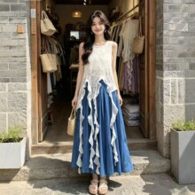 法式蕾丝拼接吊带长裙套装女夏季新款不规则褶皱两件套度假风连衣