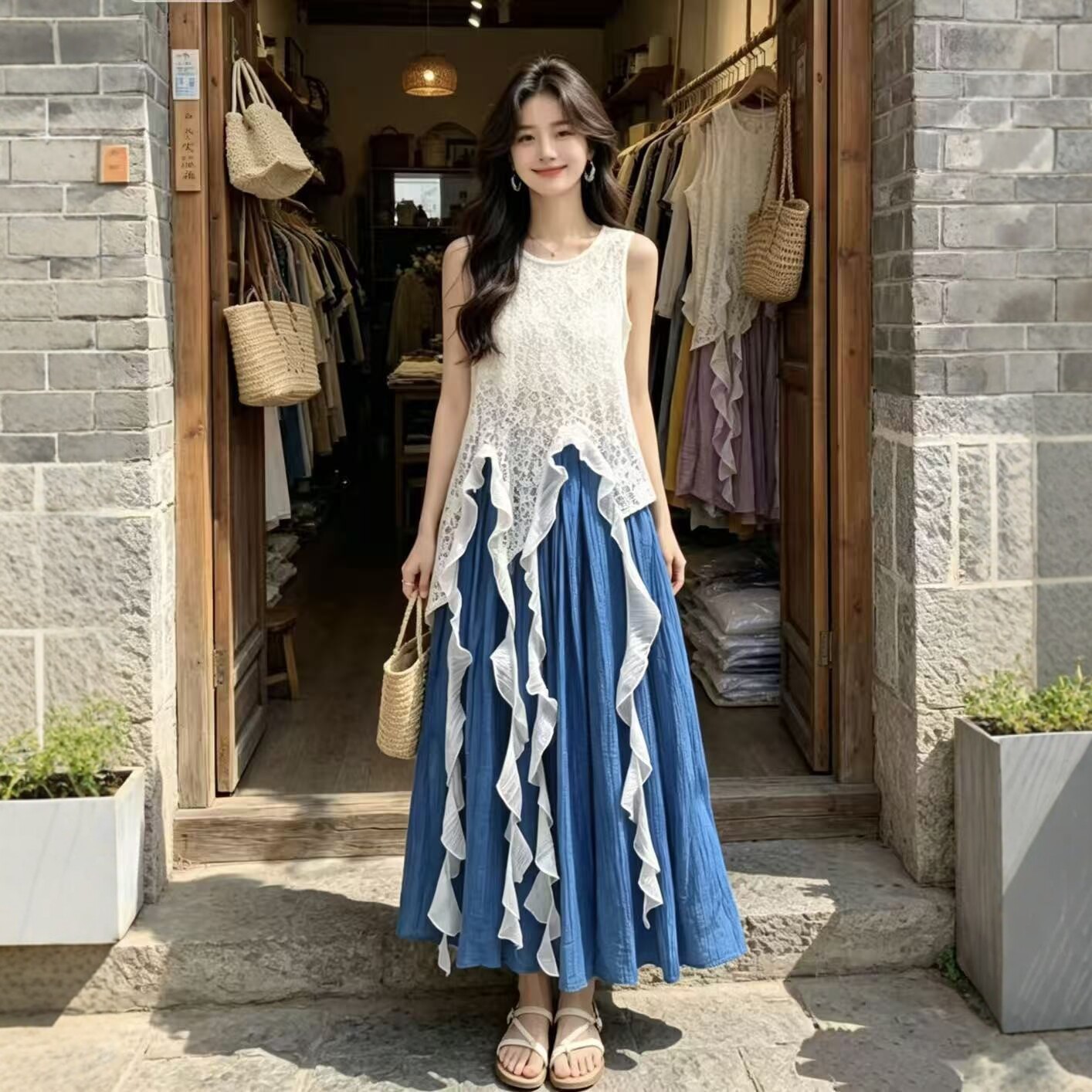 法式蕾丝拼接吊带长裙套装女夏季新款不规则褶皱两件套度假风连衣