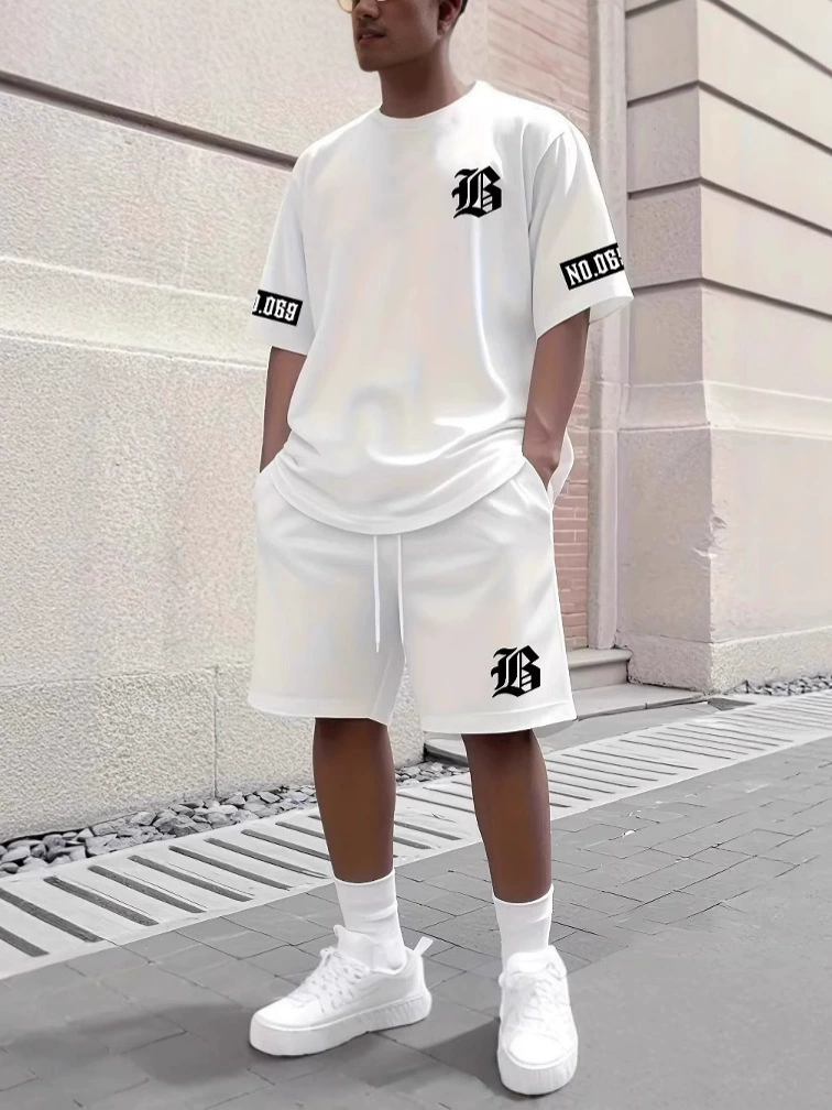 Мужской комплект из шортов и футболки, европейский стиль, надпись буква, short sleeve (2‑предметный)
