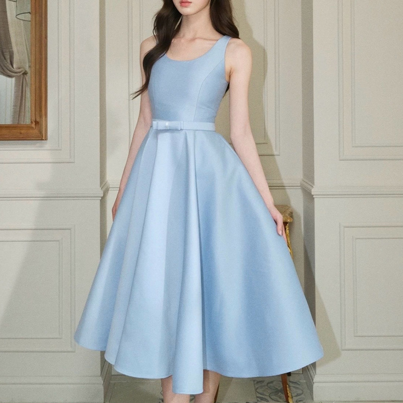 Avenement/Bow-Tie U-Neck Hepburn Long Dress/French-Style Waist-Cinching Sleeveless Dress Elegant Gown for Women Avenement/Bow-Tie U-Neck Hepburn Long Dress/French-Style Waist-Cinching Sleeveless Dress Elegant Gown for Women