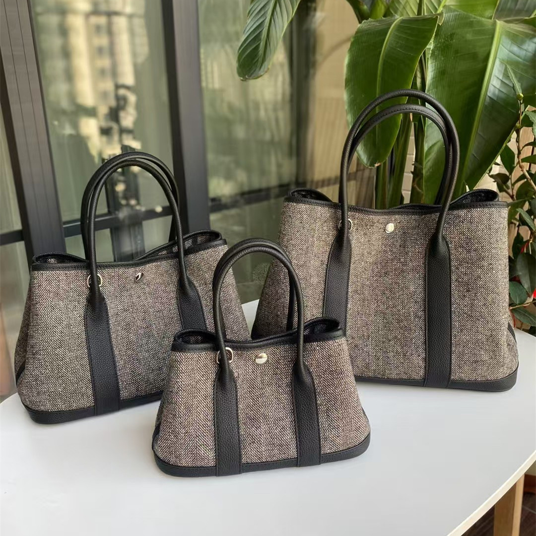 花园包2025新款毛呢麻布配真皮头层牛皮手提单肩斜跨跨境批发女包