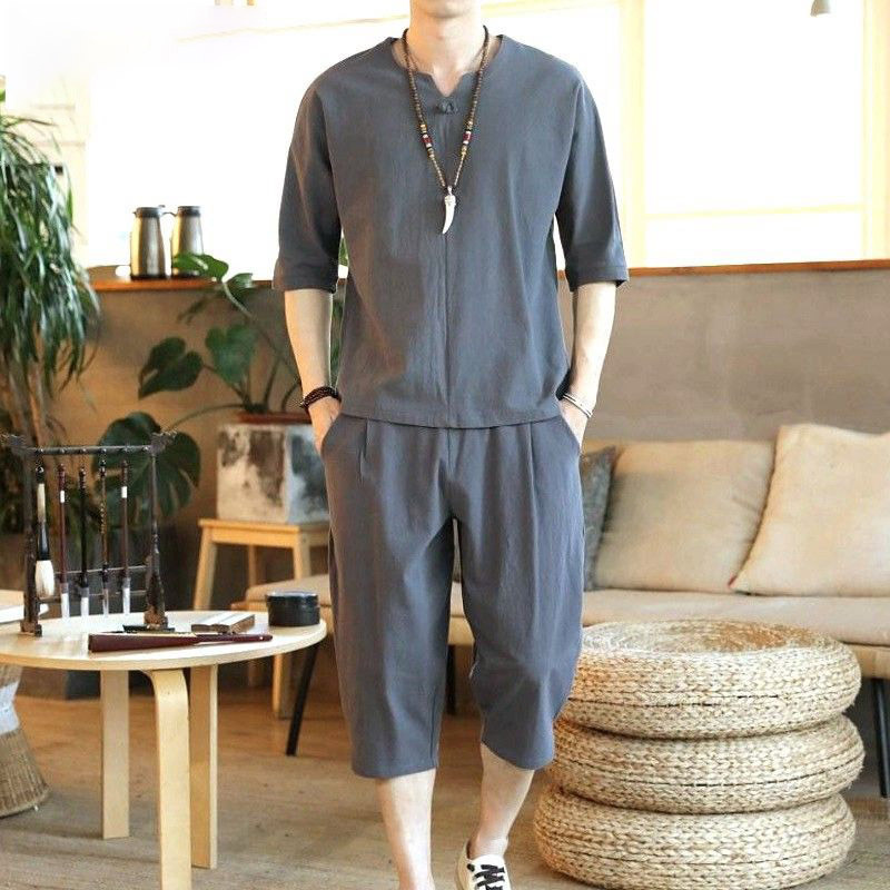 New Summer Men's Linen Suit Chinese Style Large Size Loose Cropped Pants Casual Tang Suit Cotton and Linen Two-Piece Set for Men
