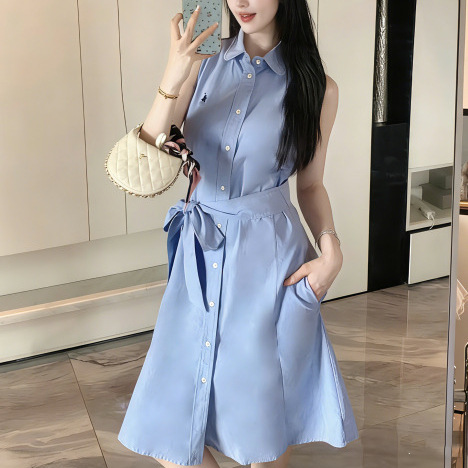 High-Quality Rl Ralph Dress in Sky Blue, Bright and Energetic, Sleeveless Dress, Korean Style, Bright White Moonlight Long Dress for Women in Summer