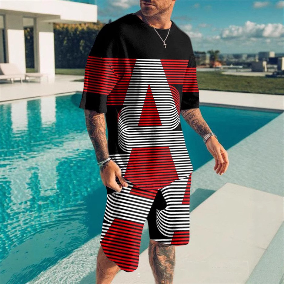 크로스 보더 3D 디지털 프린팅 남성 여름 반팔 _ 비치 팬츠 세트 트렌드 티셔츠 _ 반바지 세트