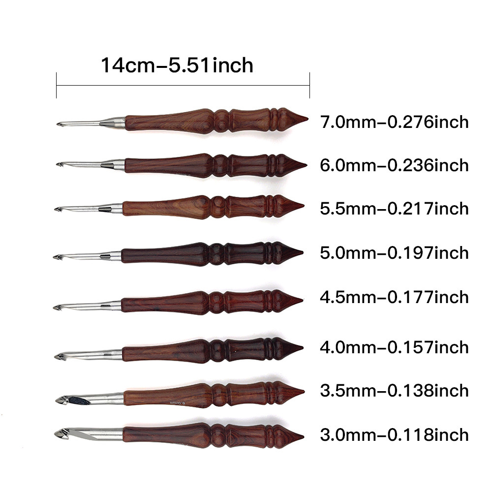 Crochet de mango de madera de sandalwood transfronteriza pulido a mano un cuchillo de corte de aluminio galvanizado 3.0-7.0 crochet 8 paquetes de PU