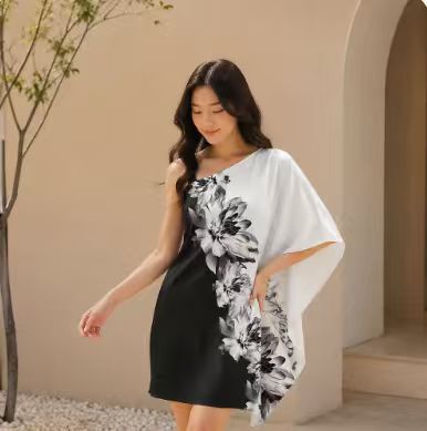 2026 Cross-Border Summer New Style Wish Amazon European and American Printed Casual Sexy Slant-Neck Off-Shoulder Short Dress for Women 2026 Cross-Border Summer New Style Wish Amazon European and American Printed Casual Sexy Slant-Neck Off-Shoulder Short Dress for Women