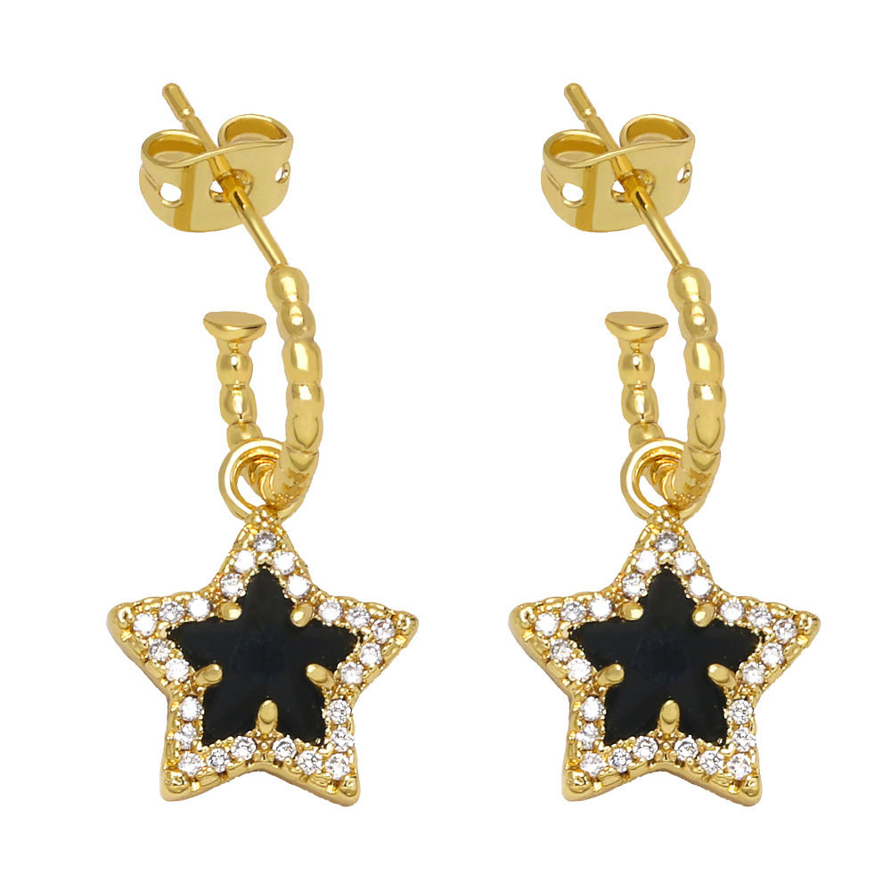 Retro Five-pointed Star C-shaped Copper Gold-plated Inlaid Zircon Earrings display picture 4