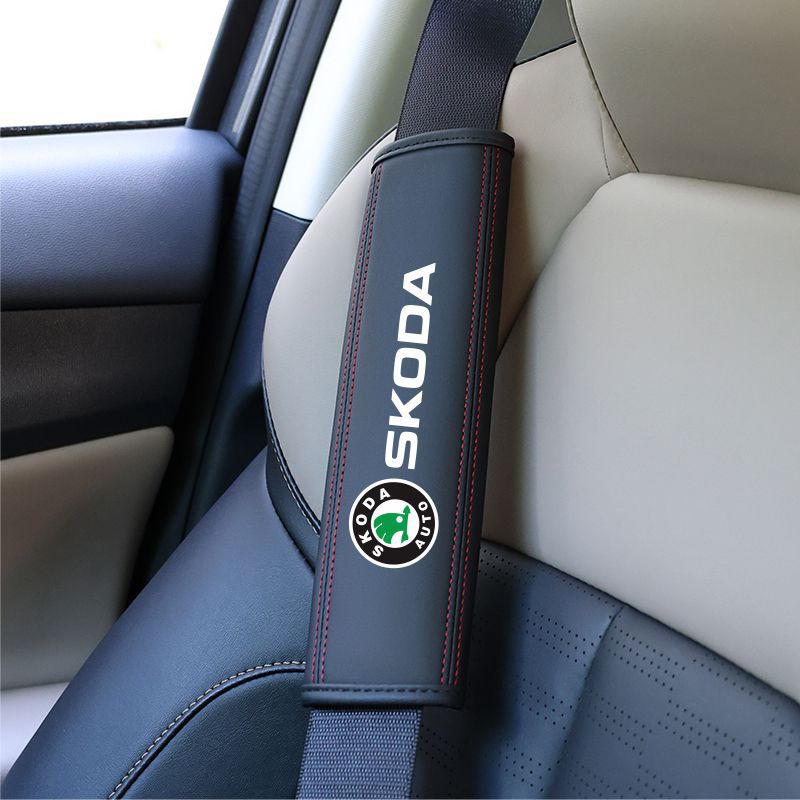 Leather Car: Universal Seat belt shoulder pad - skoda-black-red-line-shoulder-pad-single-piece