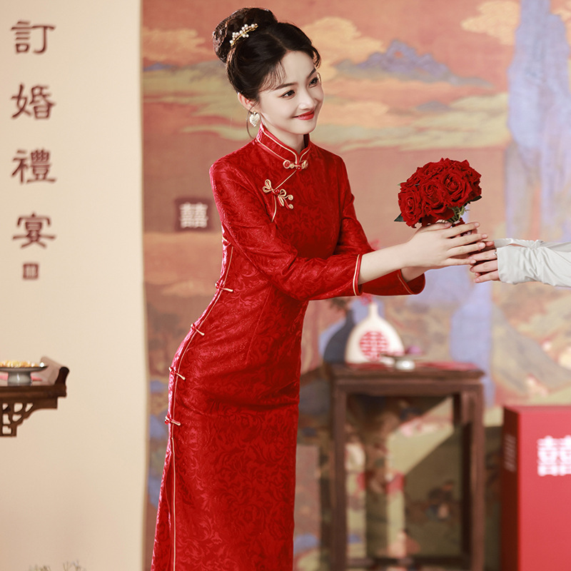 2024春夏新品赤色複合ジャカード長型チャイナドレス文芸祝い中国風婚約敬酒服チャイナドレス|undefined