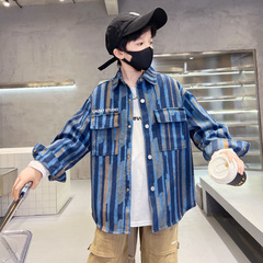 男童春秋季新款條紋牛仔襯衫2024新款兒童字母休閒款式外套中大童
