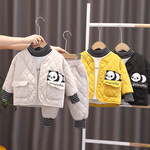 2025冬季新品女童韩版菱形熊猫加棉长袖三件套潮儿童加棉外套套装