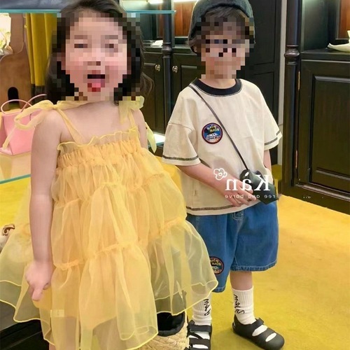 Little Girls' Dress with Lace Sleeve Net Dress Princess Dress 24 Summer New Model Foreign Trade Children's Clothing Drop Shipping 3-8 Years Old
