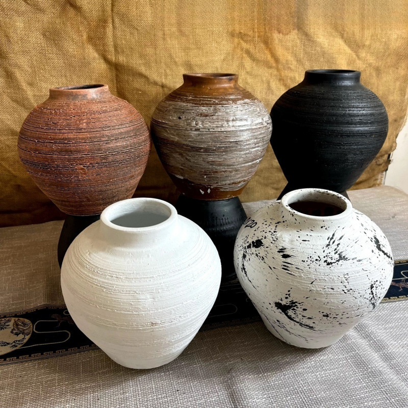 Chinese Vase, Retro Handmade Ornaments, Large Diameter Flower Arrangement, Dried Flowers, Stoneware Pot, Hydroponic Flower Device, Wabi-Sabi Style Vase