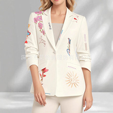 新款时尚女士翻领洋气长袖小西装外套中长款几何图案复古通勤西装