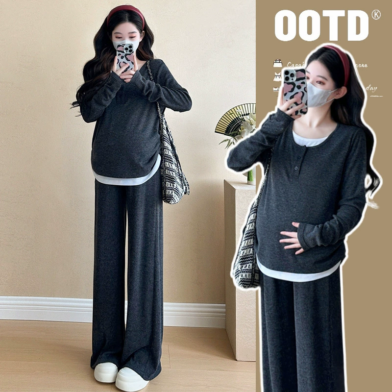 Комплект для беременных 2025: осенний, в корейском стиле, повседневный шик, стройнящий, высокоэластичный, имитация двухслойного топа + регулируемые широкие брюки, трендовый