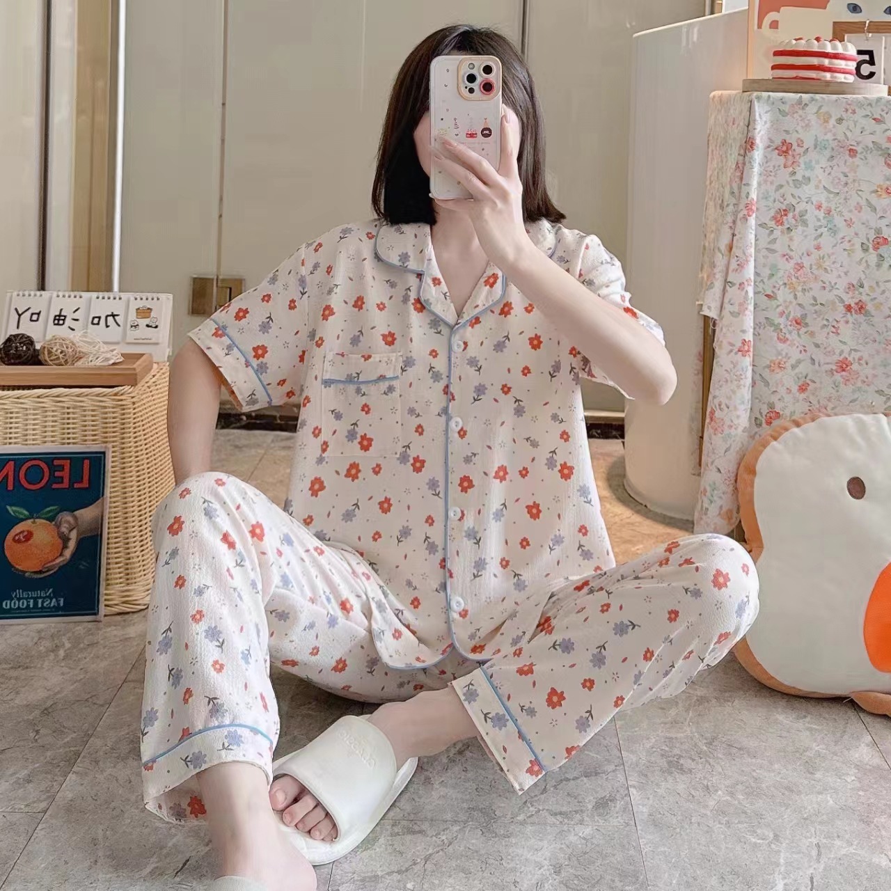 Pajamas de espuma tejidos de verano de algodón pantalones largos de mangas cortas ropa para el hogar de verano delgada de algodón conjunto de dos piezas