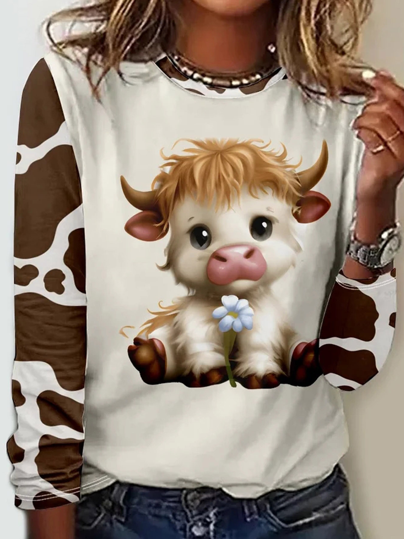 Amazon estación independiente transfronteriza europea y americana primavera y otoño nuevas mujeres pullover Top vaca impreso manga larga Camiseta cuello redondo