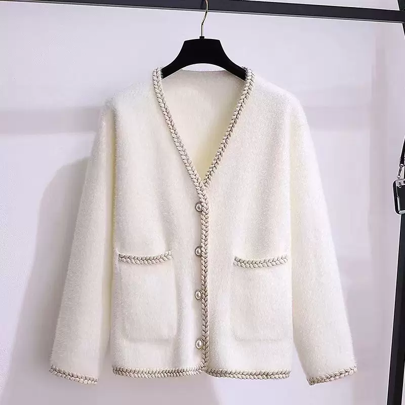 气质名媛小香风V领软糯毛衣外套 秋季新款仿水貂绒宽松针织女开衫