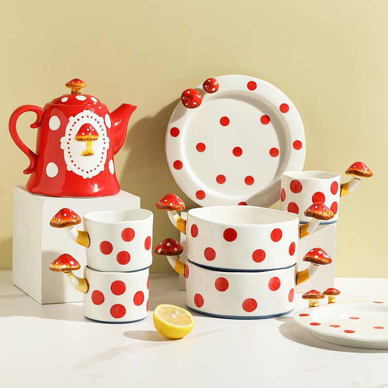 INS mushroom tableware set, double-handled bowl, home-use ceramic set, cartoon cup, kettle, embossed girly-style bowls and plates