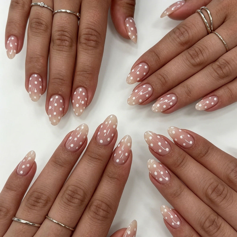European and American Hot-Selling Mid-Length Pointed Almond Nails White Polka Dot Pure Color Wearable Nails Removable Toenail Patches European and American Hot-Selling Mid-Length Pointed Almond Nails White Polka Dot Pure Color Wearable Nails Removable Toenail Patches