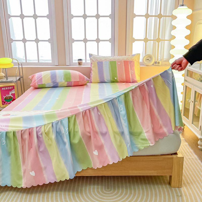 Brushed Printed Bed Skirt One-Piece Ruffled Bedspread with Skirt Non-Slip Bed Sheet Dormitory Mattress Dust Cover