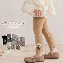 儿童打底裤春秋麦穗立体毛线花九分连裤袜韩版纯女宝宝打底袜秋季