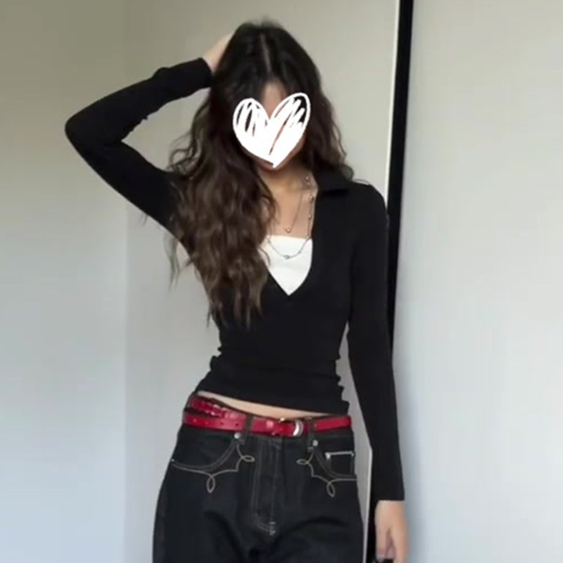 韩系穿搭假两件拼接撞色长袖T恤修身显瘦辣妹设计感女上衣潮|undefined