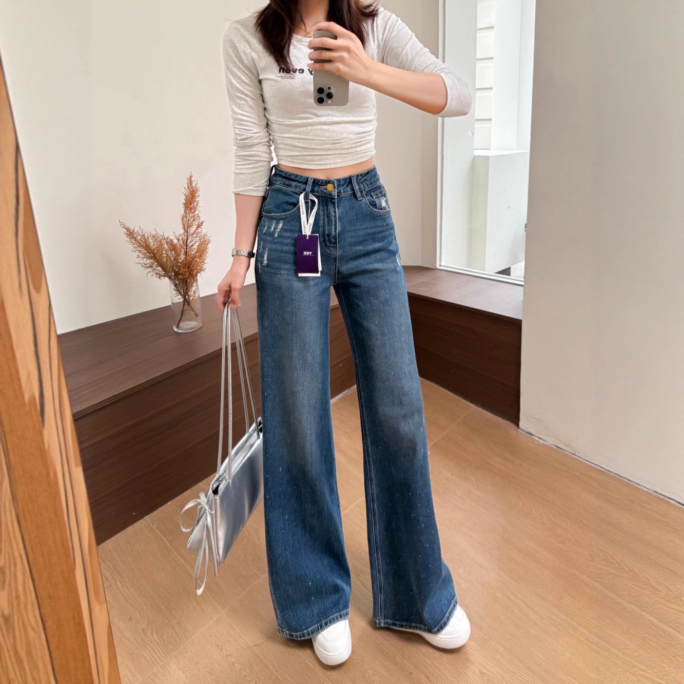 Trendy Rhinestone Narrow Straight-Leg Jeans for Women, Vintage Ripped Loose Slimming High-Waisted Wide-Leg Pants