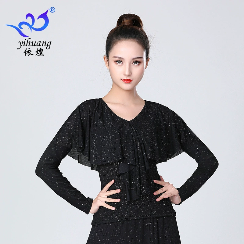 Топ для латинских танцев с длинным рукавом Костюм для тренировок с V-образным вырезом и рюшами Топ для бальных танцев Одежда для выступлений Танцевальная одежда