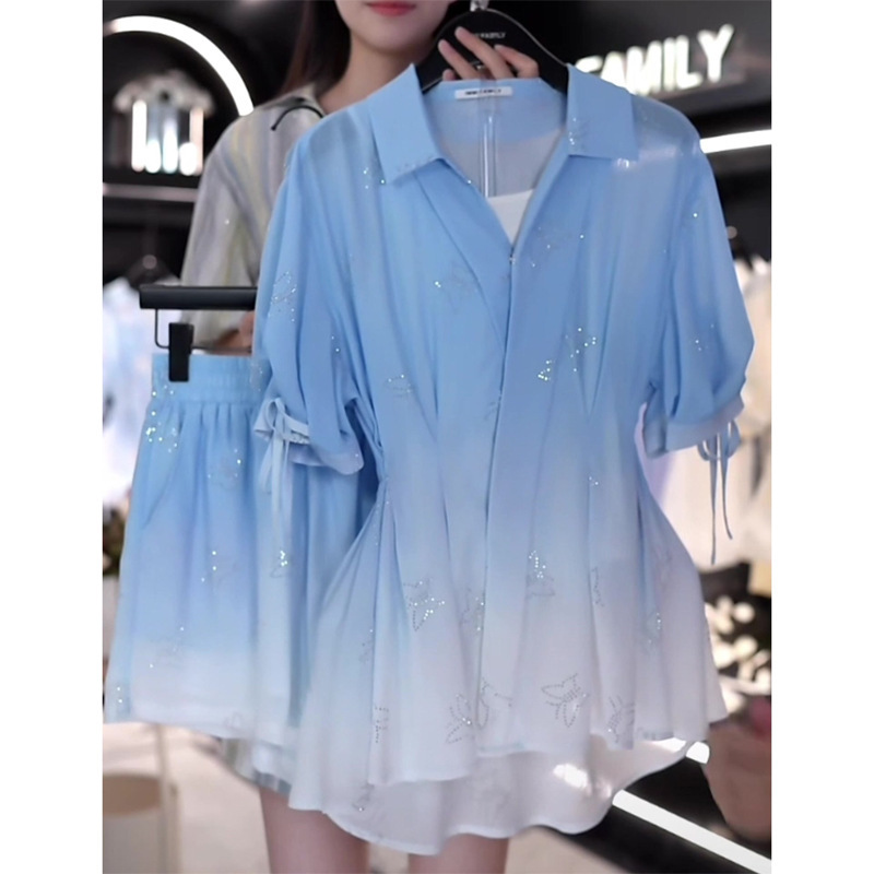 French Gentle Gradient Waist Shirt for Women 2025 Summer New Large Size Slightly Fat Elegant Fashionable Slimming Look Top