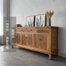 新中式做旧复古风老榆木餐边柜自然纹理老门板实木储物收纳柜斗柜